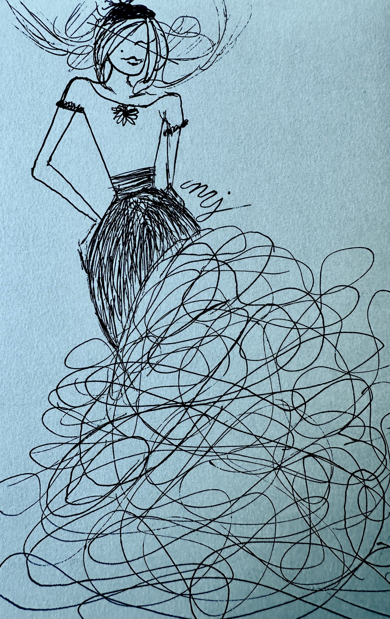 Hand-drawn ink sketch of a flowing gown by Magen Jae