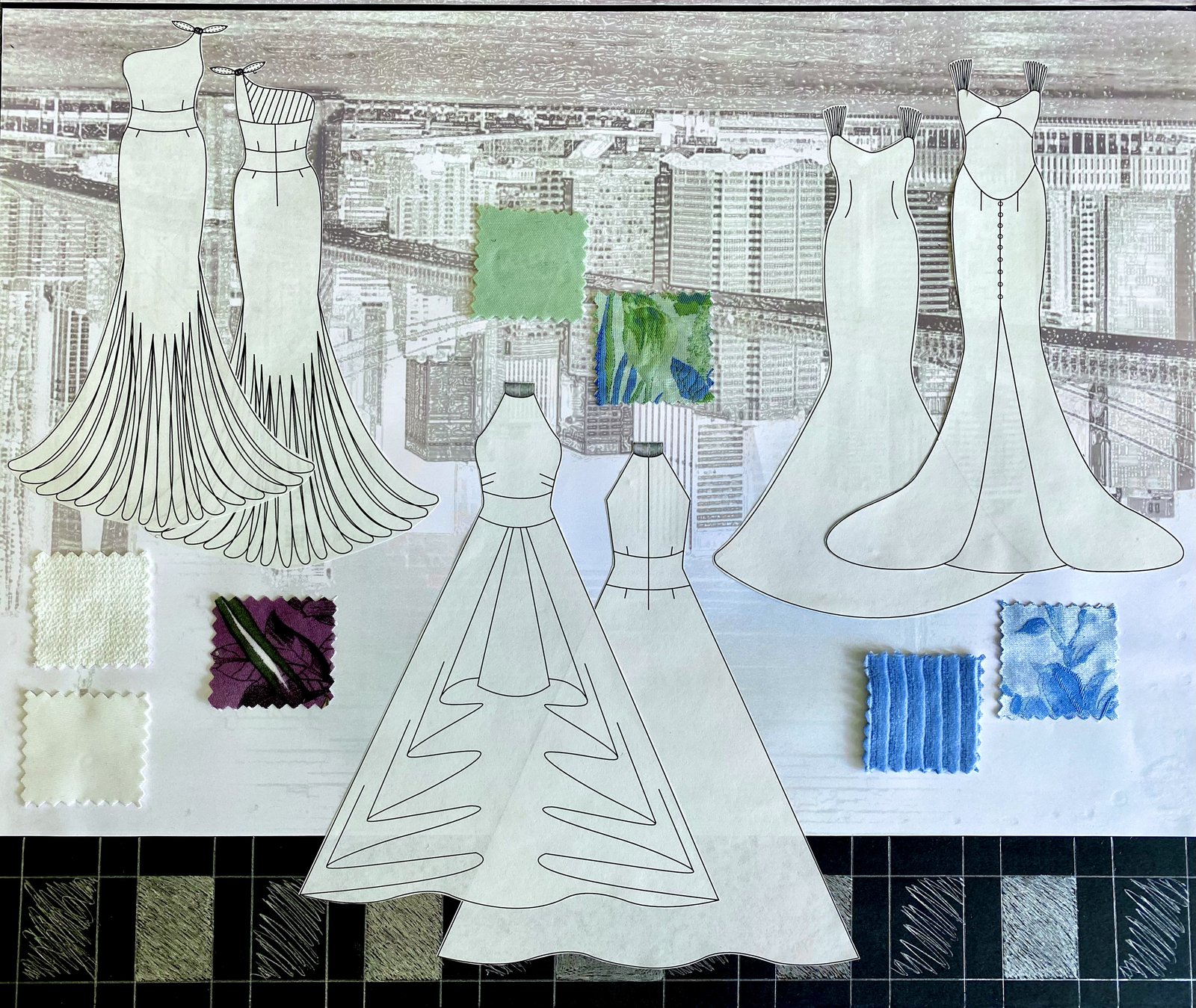 Mood board of evening gown sketches over a city skyline with fabric swatches