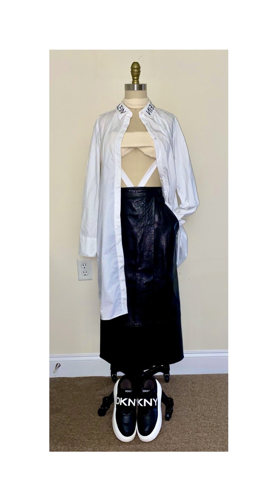 DKNY-style ensemble of white shirt-dress, leather wrap skirt and crop bra by Magen Jae