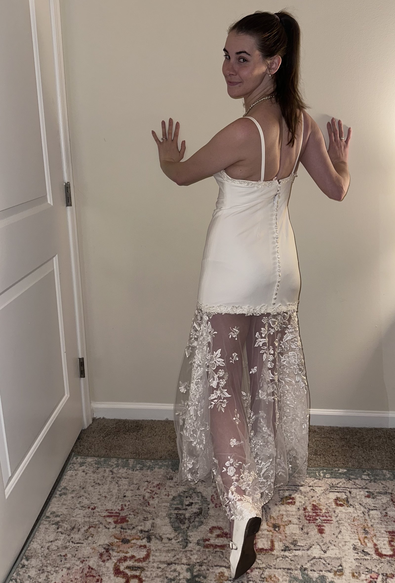Custom bridal gown by Magen Jae — ivory crepe column with sheer lace overskirt