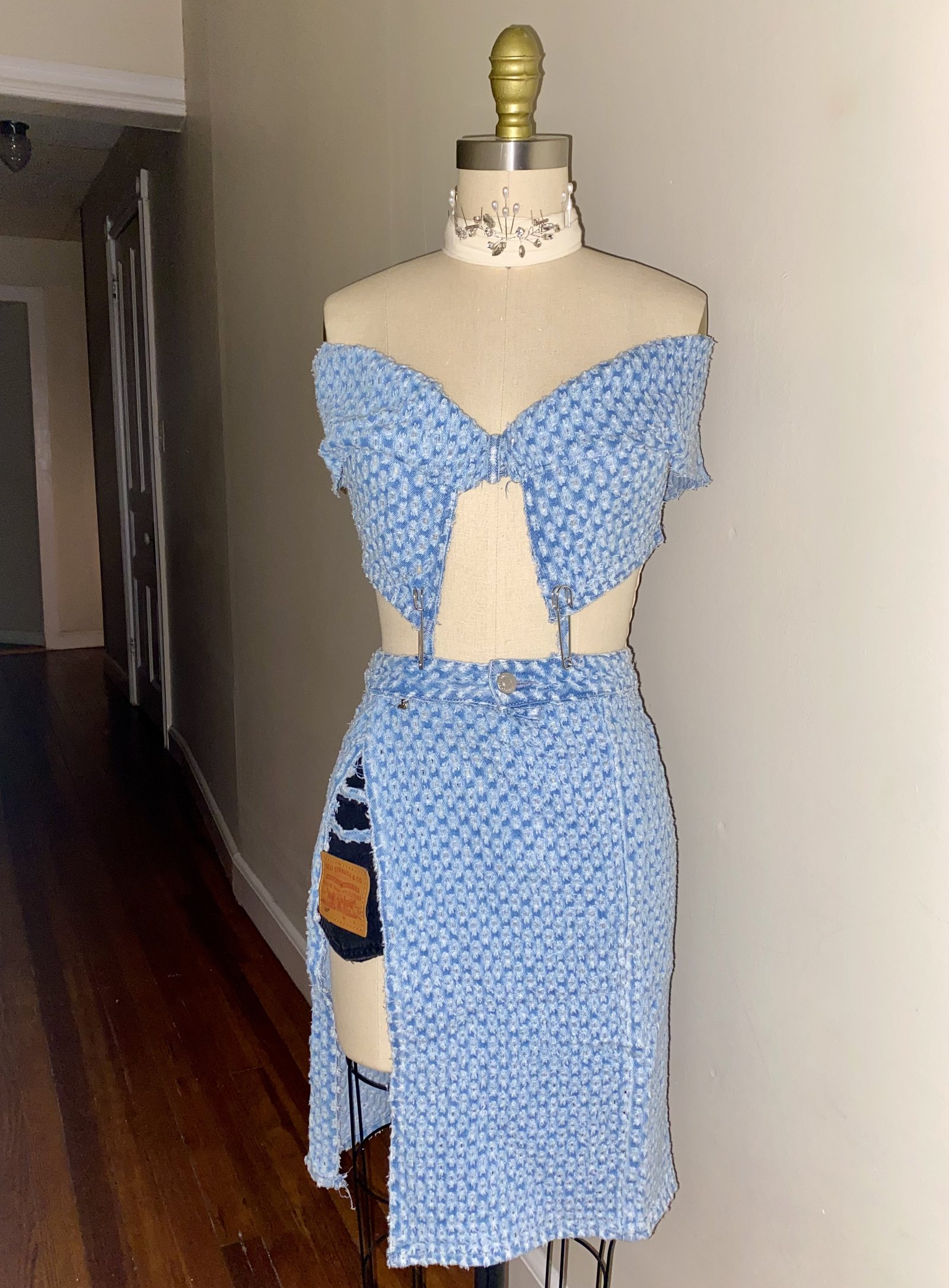 Denim corset top with matching panel skirt, deconstructed Levi's couture