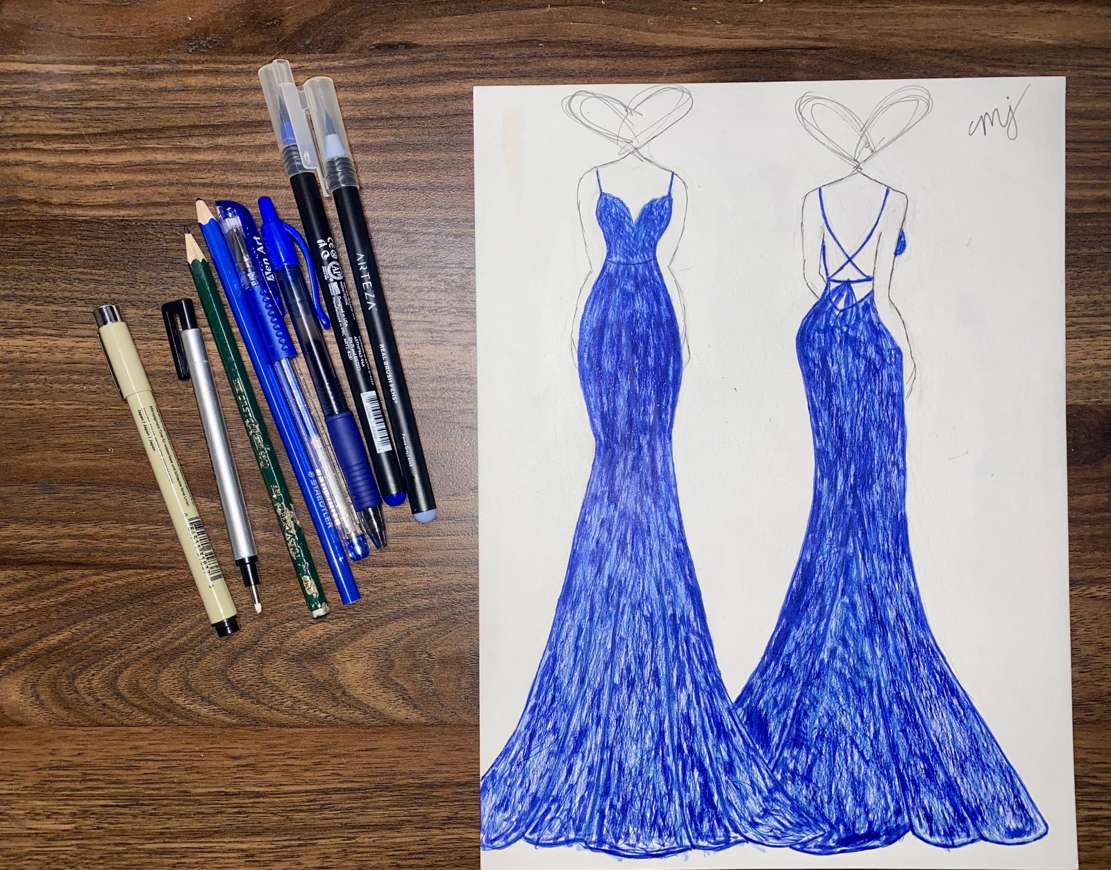 Cobalt mermaid gown sketch — front and back views — by Magen Jae