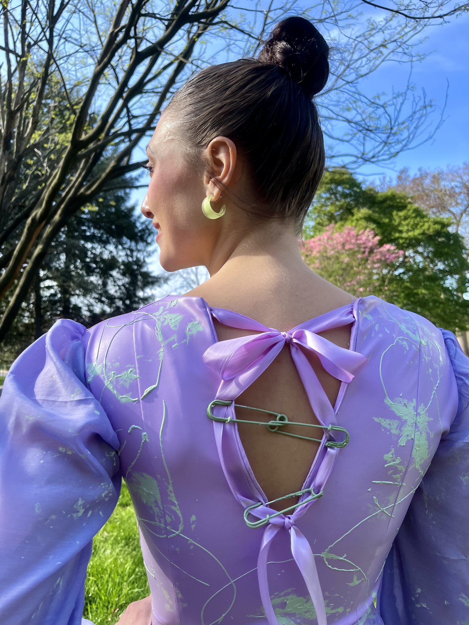 Lavender evening gown with bow-back tied in spring sunlight